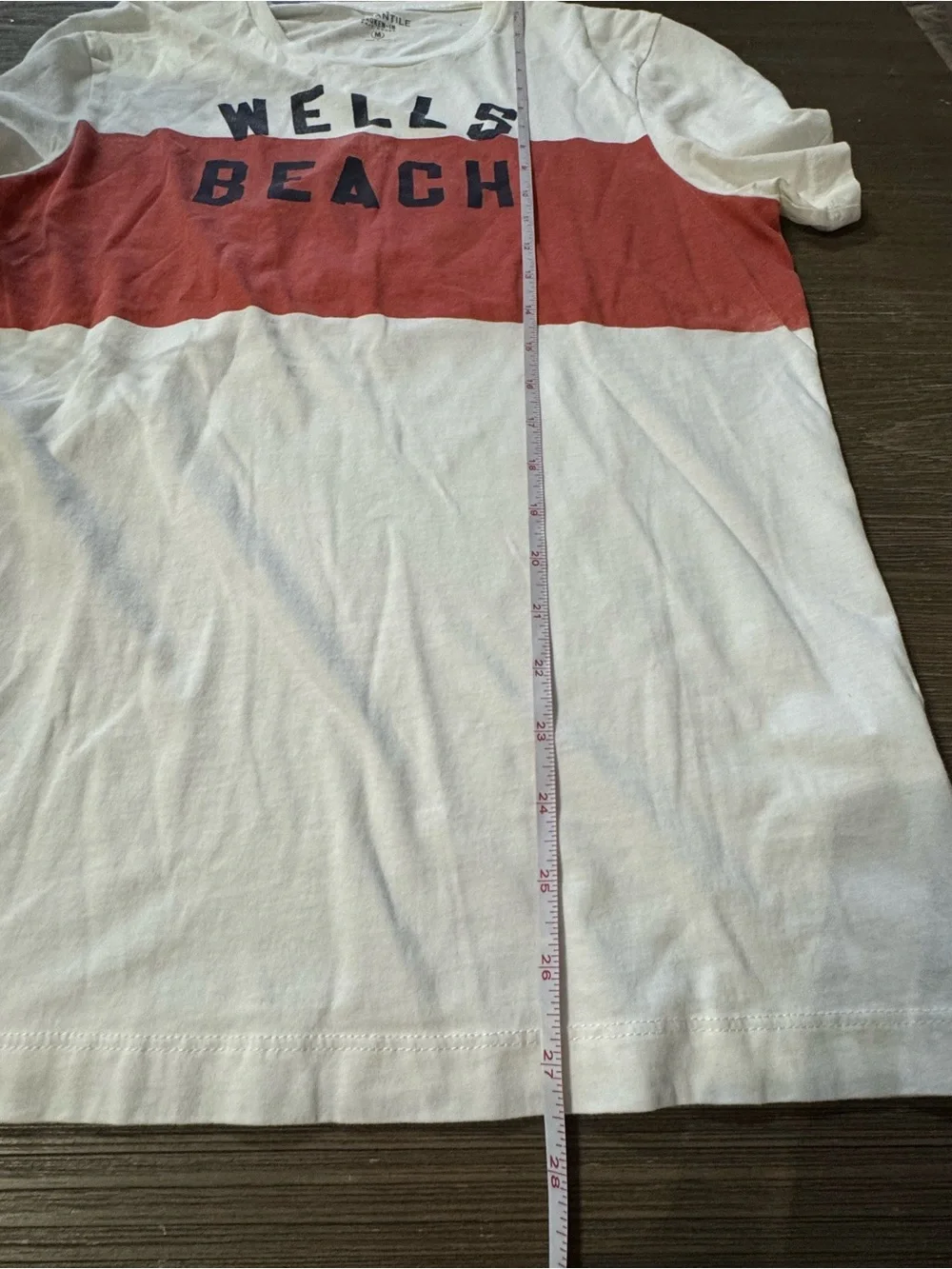 J. Crew White T-Shirt with Rust Chest Panel and Navy Print